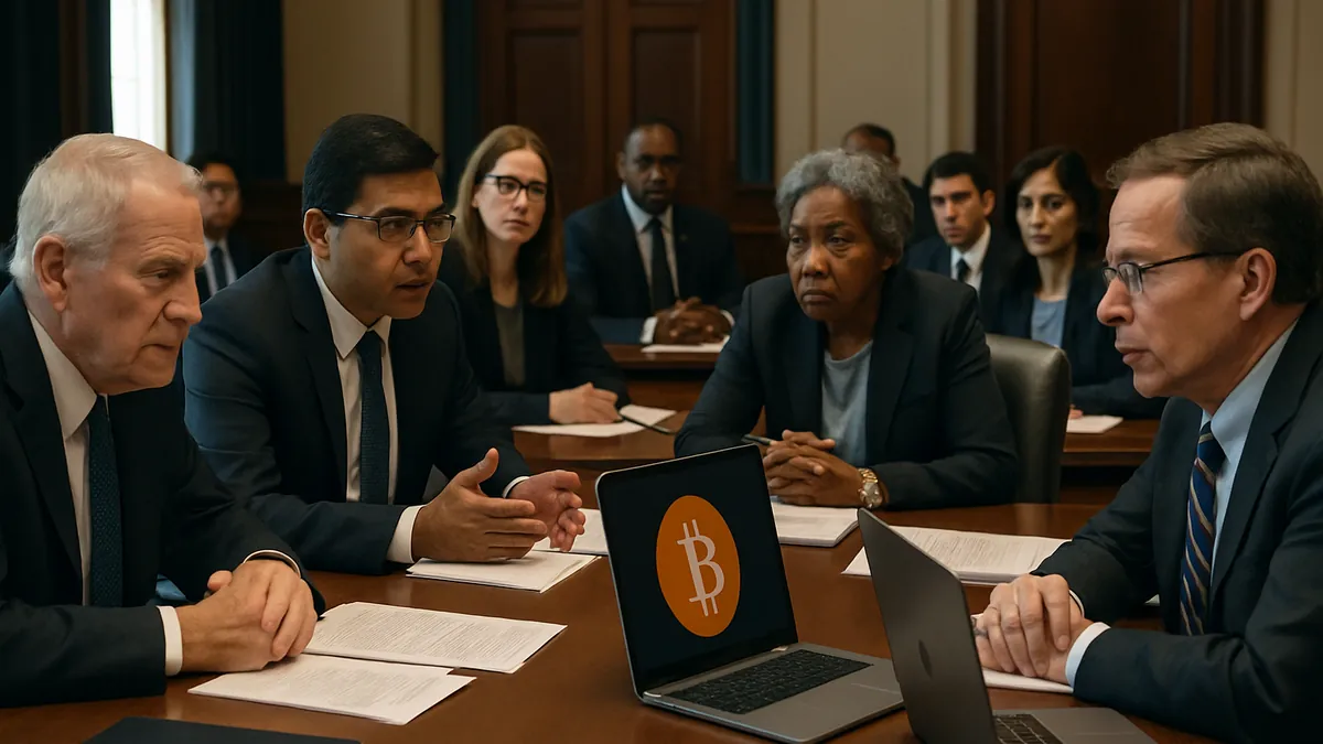 Lawmakers and financial experts discussing cryptocurrency regulation around a conference table with documents and laptops in a government hearing room.
