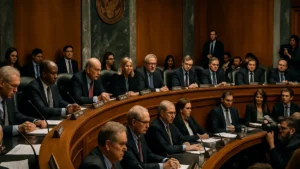 Lawmakers and staff seated in a Senate Banking Committee hearing room during a financial legislation discussion.