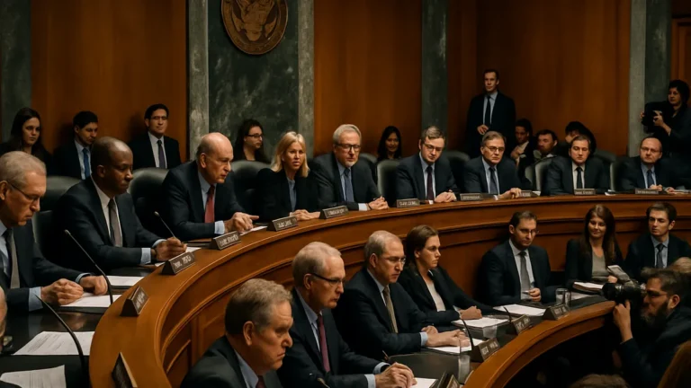 Lawmakers and staff seated in a Senate Banking Committee hearing room during a financial legislation discussion.