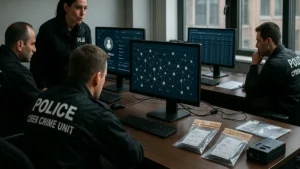 Police cyber crime squad analyzing blockchain data on computer screens in a modern office with forensic tools and evidence bags