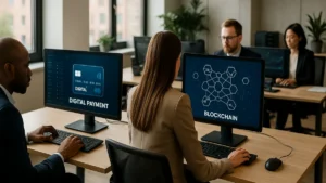 Professionals in a European bank office working on computers showing digital payment and blockchain technology visuals.