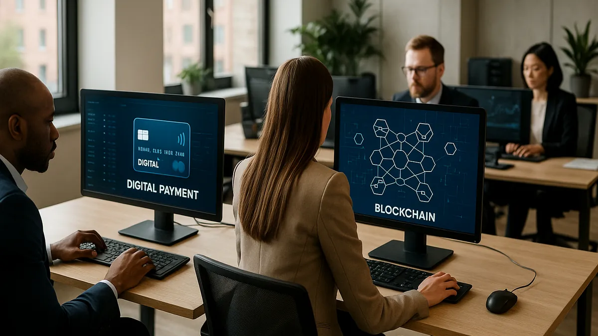 Professionals in a European bank office working on computers showing digital payment and blockchain technology visuals.