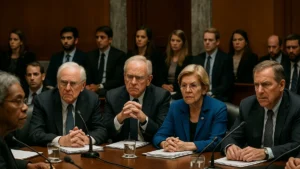 Senators and advisors engaged in a financial regulation hearing inside a government hearing room with microphones and nameplates visible.