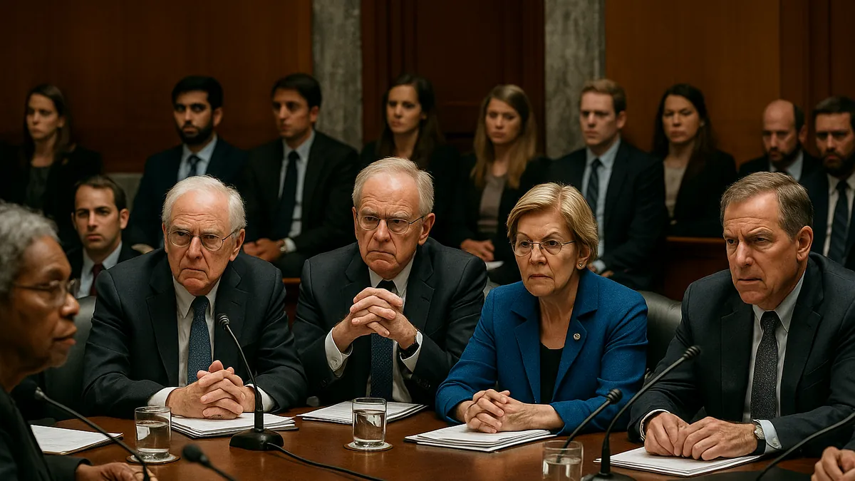 Senators and advisors engaged in a financial regulation hearing inside a government hearing room with microphones and nameplates visible.