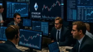 Traders working on a cryptocurrency trading floor with screens showing Ethereum prices and blockchain data in a busy environment.