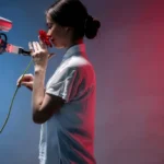 A woman in a lab coat interacts with a robot arm holding a red flower, symbolizing technology and nature.
