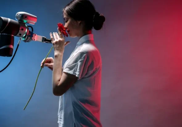 A woman in a lab coat interacts with a robot arm holding a red flower, symbolizing technology and nature.