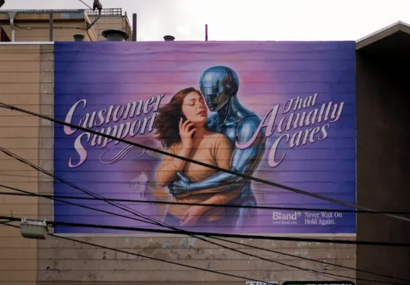 Billboard with woman and robot embracing