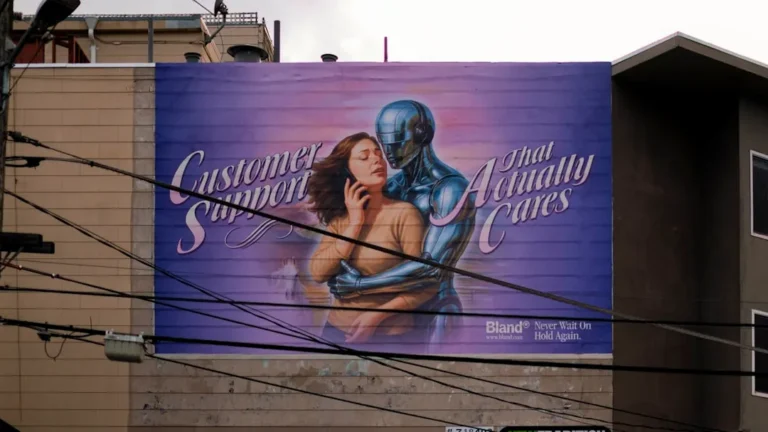 Billboard with woman and robot embracing