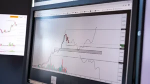 Close-up of stock market analysis charts on a monitor, showcasing market trends.