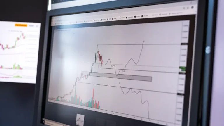Close-up of stock market analysis charts on a monitor, showcasing market trends.