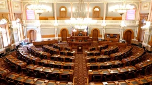 Wide view of an ornate legislative chamber with empty seats and chandeliers.